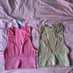 Urban Outfitters V-Neck Ribbed Tank Tops - Pink and Tan